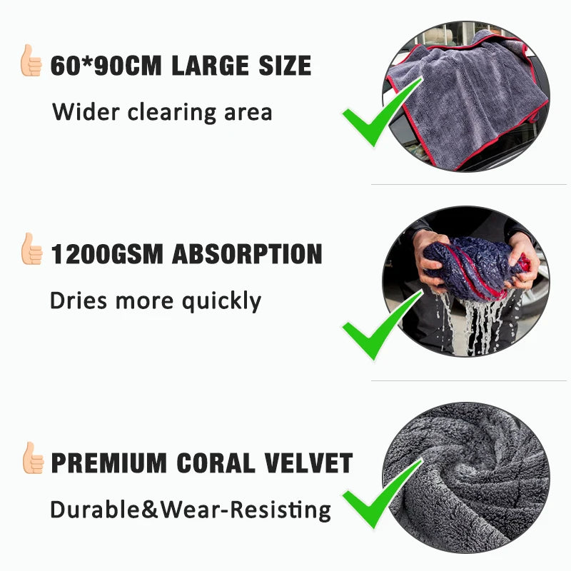Microfibre Detailing Auto 1200GSM – Serviette Épaisse 60x90CM Ultra Absorbante pour Lavage, Séchage et Polissage Voiture Professionnel