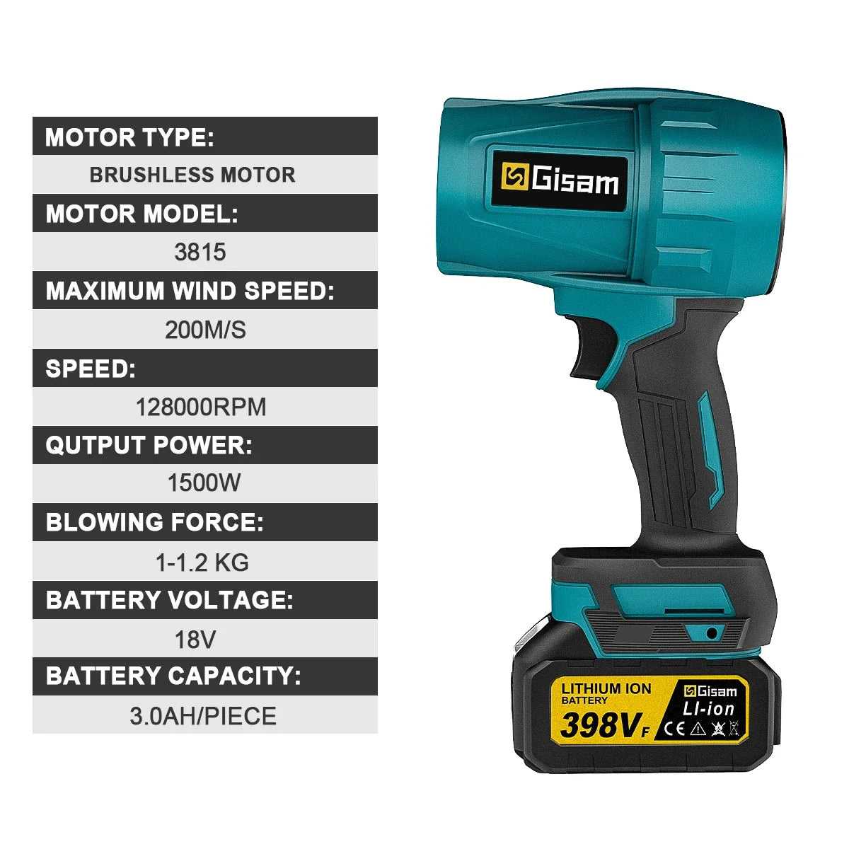 Souffleur d’Air Puissant Gisam 200m/s – Turbo Jet Brushless 1500W Sans Fil, Électrique et Portable, Compatible Batterie Makita 18V, Outil Haute Performance