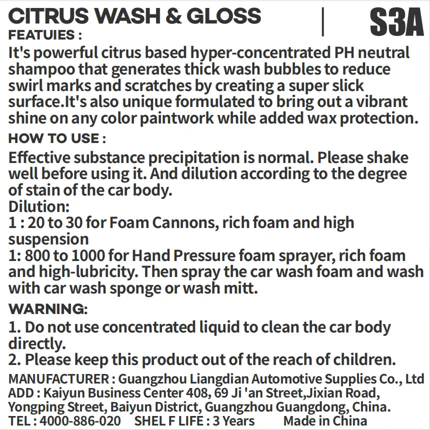 Citrus Wash & Gloss Foaming Car Wash Soap(Works with Foam Cannons/Guns or Bucket Washes)Safe for Cars,Trucks,Motorcycles,RVs