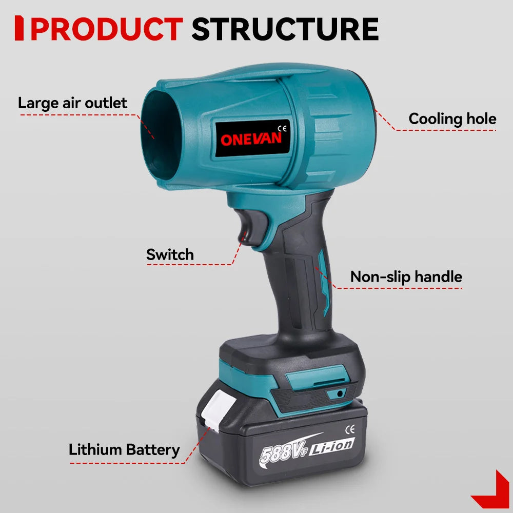 Souffleur Électrique Sans Fil 2000W Brushless ONEVAN – Turbo Jet Fan 200m/s Compatible Batterie Makita | Air Puissant pour Voiture, Jardin & Poussière