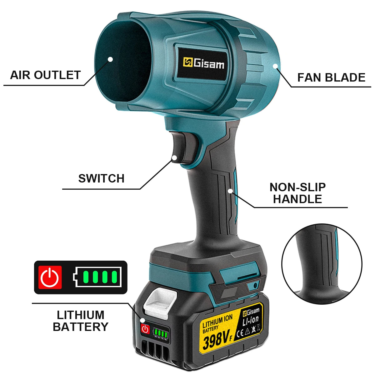 Souffleur d’Air Puissant Gisam 200m/s – Turbo Jet Brushless 1500W Sans Fil, Électrique et Portable, Compatible Batterie Makita 18V, Outil Haute Performance