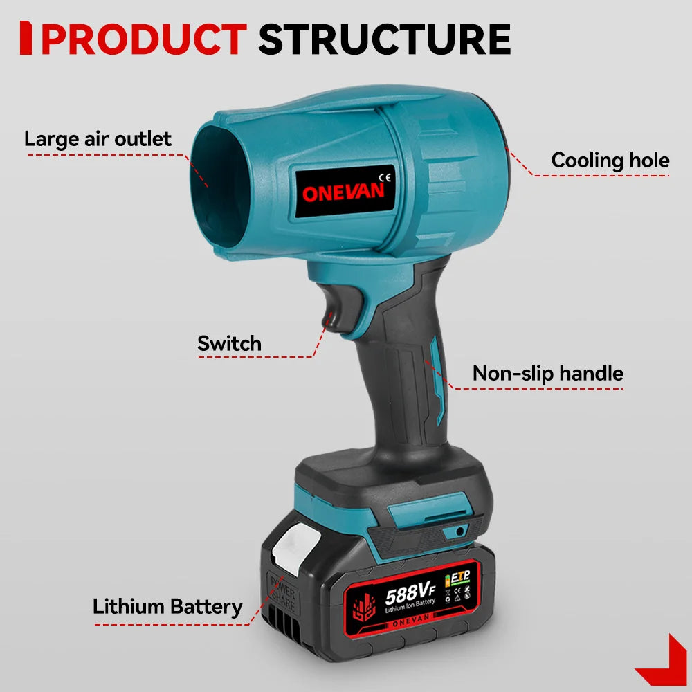 Souffleur Électrique Sans Fil 2000W Brushless ONEVAN – Turbo Jet Fan 200m/s Compatible Batterie Makita | Air Puissant pour Voiture, Jardin & Poussière