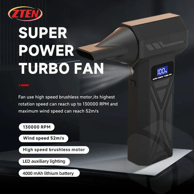 Souffleur d’Air Portable Zten 130000 RPM – Mini Ventilateur Turbo Jet Brushless Ultra Puissant, 52m/s, Nettoyage PC, Atelier, Voiture