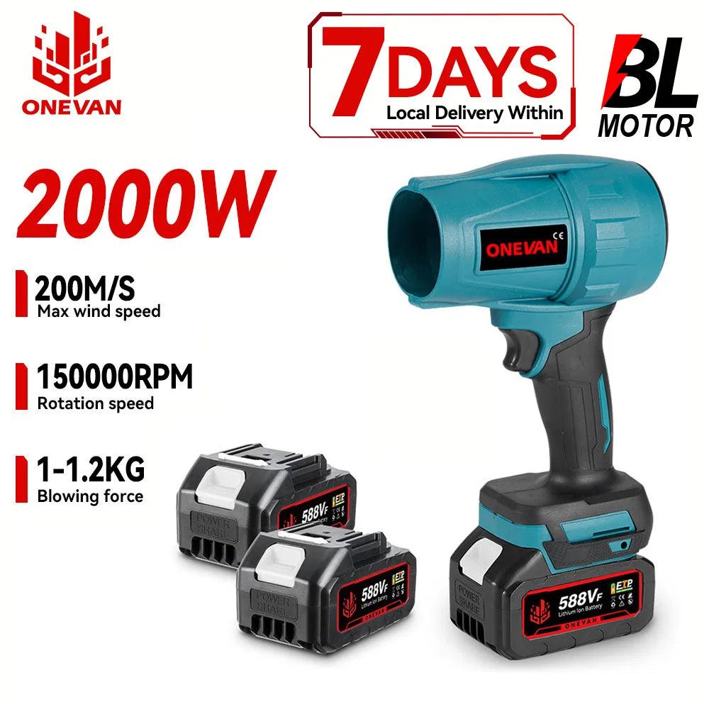 Souffleur Électrique Sans Fil 2000W Brushless ONEVAN – Turbo Jet Fan 200m/s Compatible Batterie Makita | Air Puissant pour Voiture, Jardin & Poussière