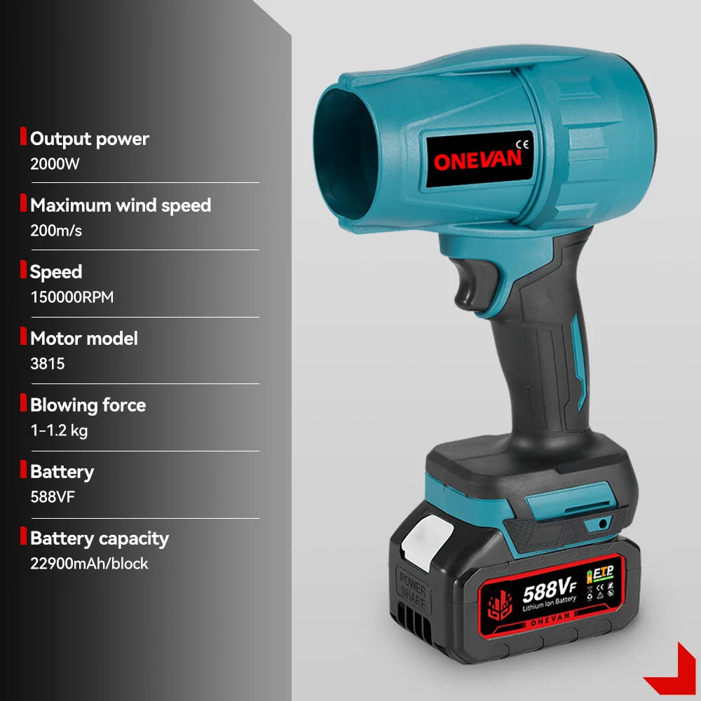 Souffleur Électrique Sans Fil 2000W Brushless ONEVAN – Turbo Jet Fan 200m/s Compatible Batterie Makita | Air Puissant pour Voiture, Jardin & Poussière