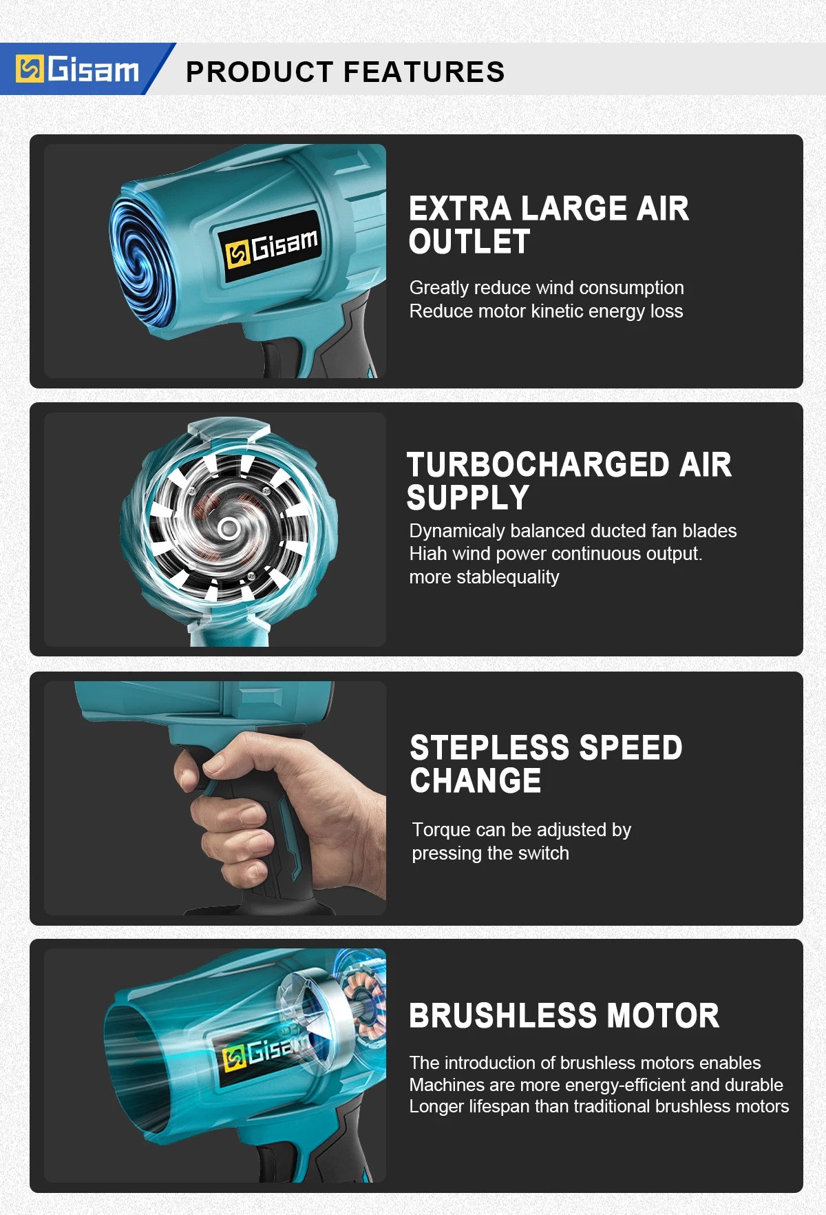 Souffleur d’Air Puissant Gisam 200m/s – Turbo Jet Brushless 1500W Sans Fil, Électrique et Portable, Compatible Batterie Makita 18V, Outil Haute Performance