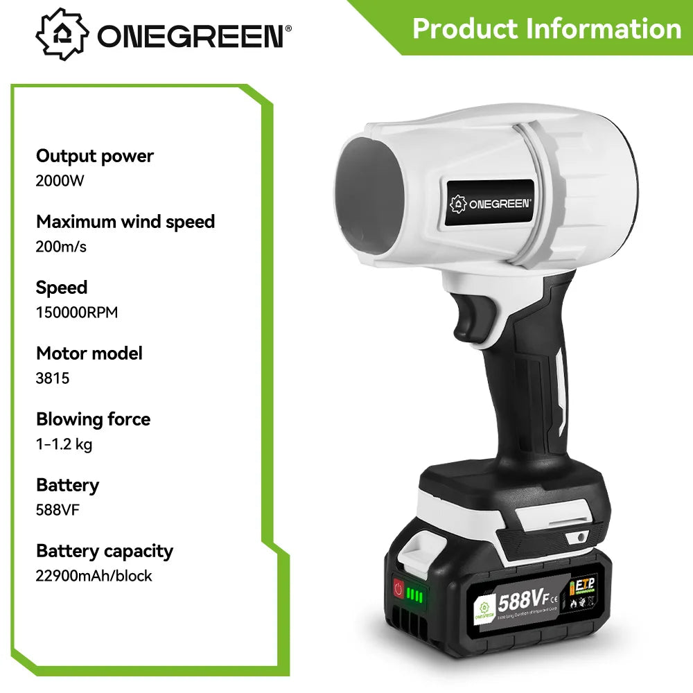 Souffleur d’Air Puissant ONEGREEN 2000W – Turbo Jet Brushless 200m/s, Électrique et Portable, Compatible Batterie Makita 18V, Outil de Nettoyage Haute Performance