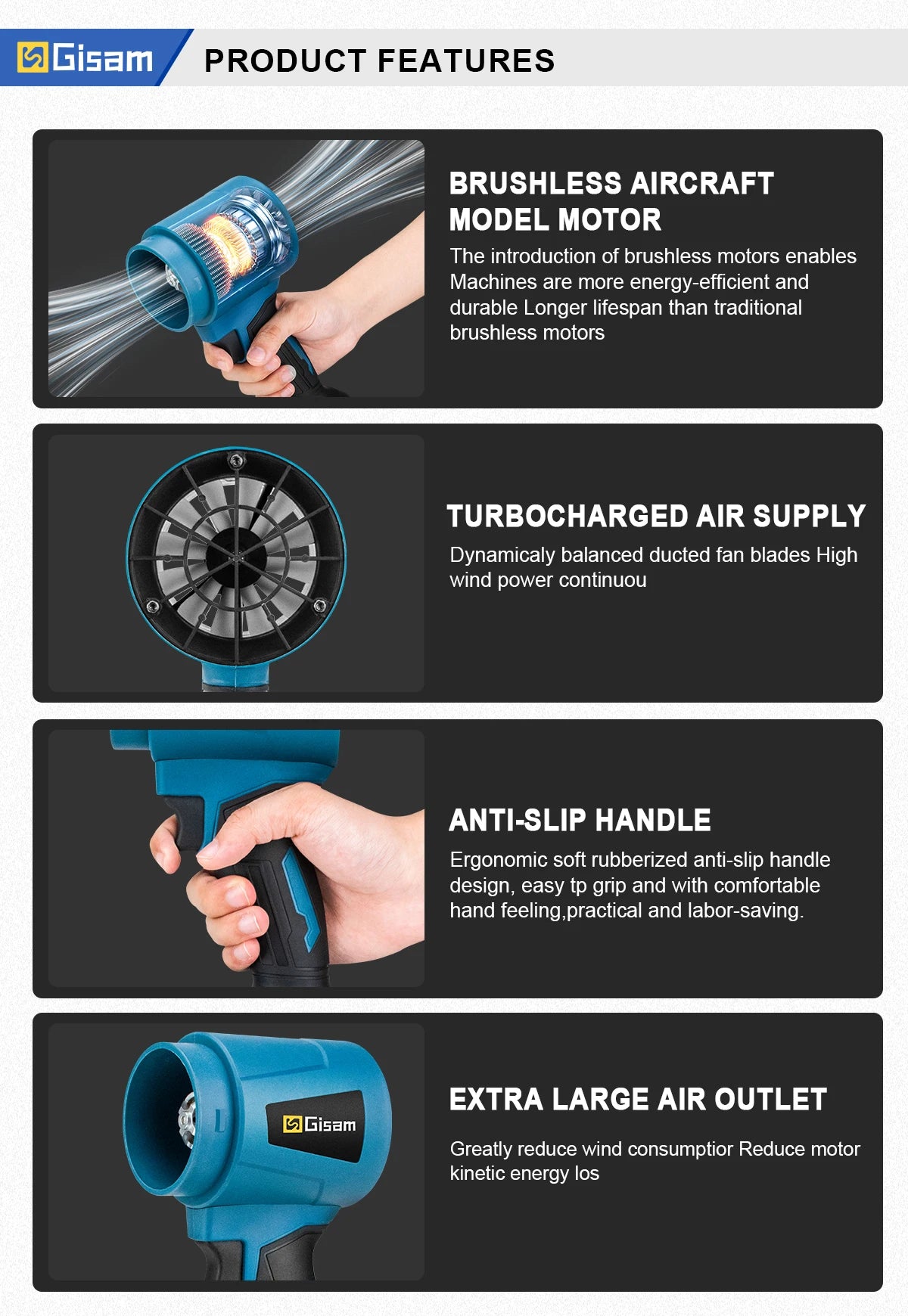 Souffleur d’Air Puissant Gisam 300000RPM – Turbo Jet Brushless 400m/s, Électrique et Portable, Compatible Batterie Makita 18V, Idéal Voiture, Atelier et Jardin