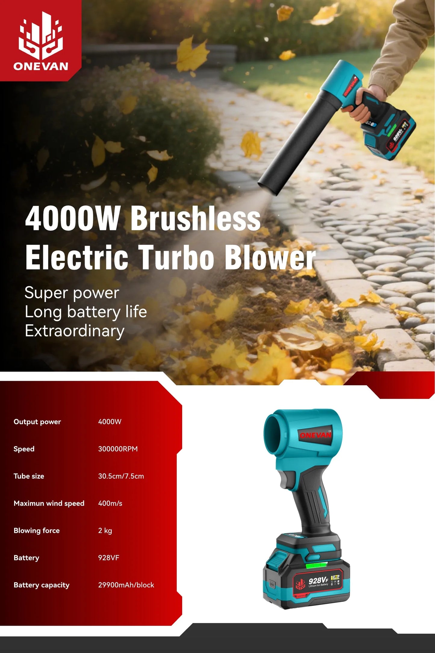 Souffleur Électrique ONEVAN 4000W Brushless Turbo – Jet Fan 400M/S 300000RPM | Puissant Souffleur Sans Fil Compatible Batterie Makita 18V