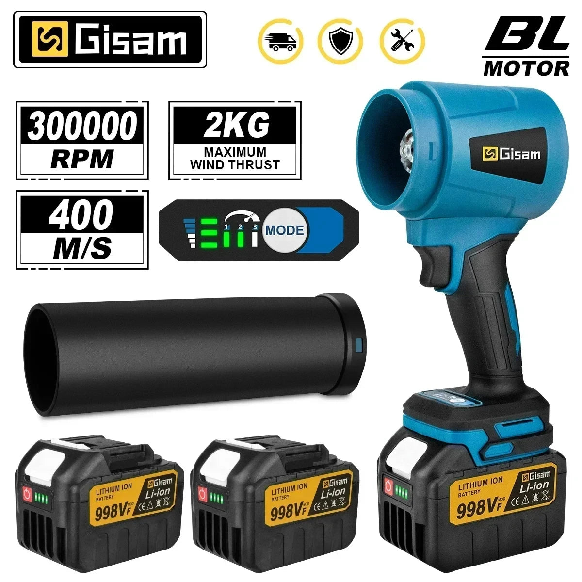 Souffleur d’Air Puissant Gisam 300000RPM – Turbo Jet Brushless 400m/s, Électrique et Portable, Compatible Batterie Makita 18V, Idéal Voiture, Atelier et Jardin