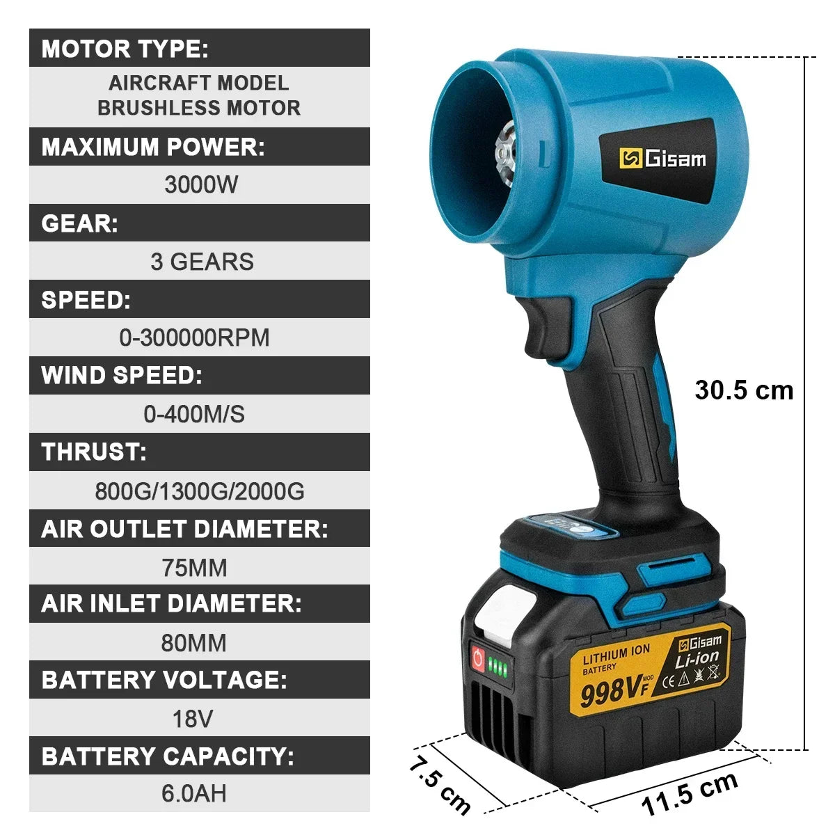 Souffleur d’Air Puissant Gisam 300000RPM – Turbo Jet Brushless 400m/s, Électrique et Portable, Compatible Batterie Makita 18V, Idéal Voiture, Atelier et Jardin
