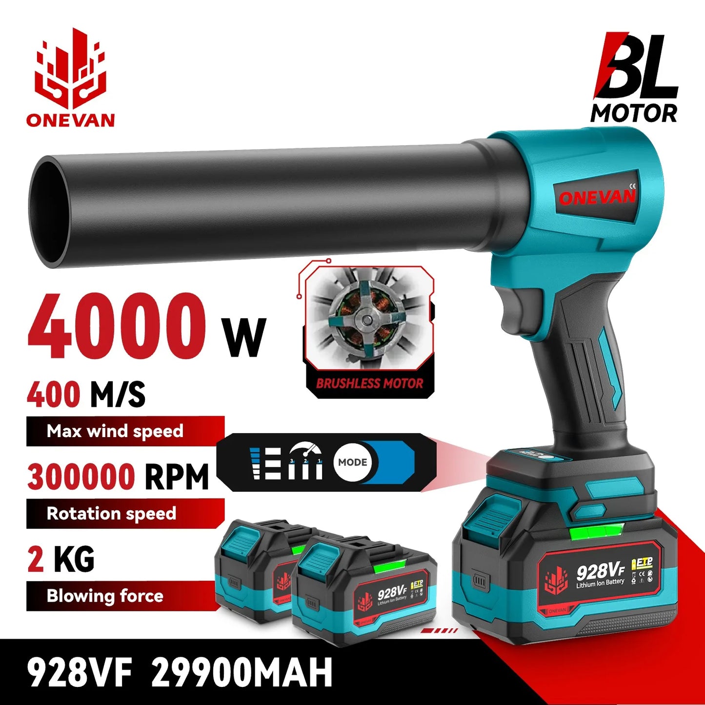 Souffleur Électrique ONEVAN 4000W Brushless Turbo – Jet Fan 400M/S 300000RPM | Puissant Souffleur Sans Fil Compatible Batterie Makita 18V